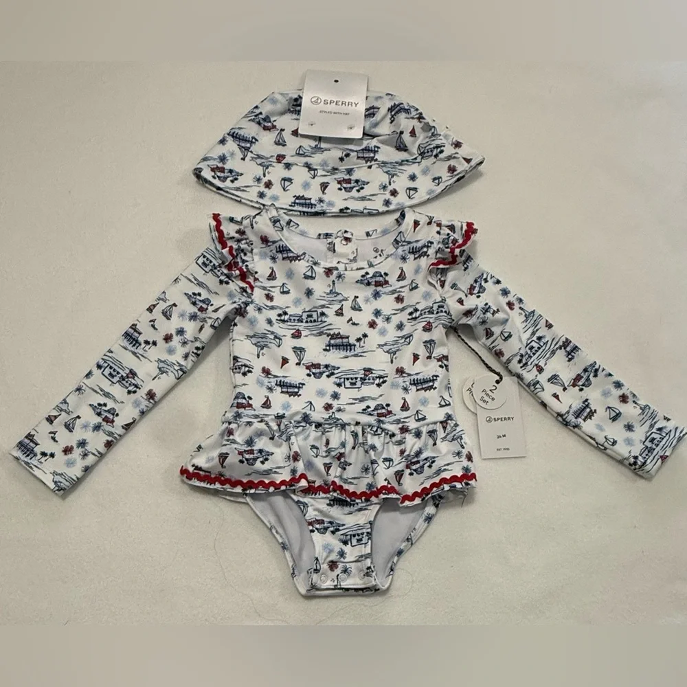 Infant Girl 24M Sperry Nautical One Piece Rashguard & Hat Set - Blue Red - NWT